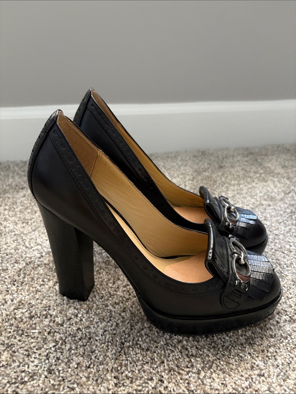 Coach Black Platform Block Heel Pumps with Metal Bit Detail